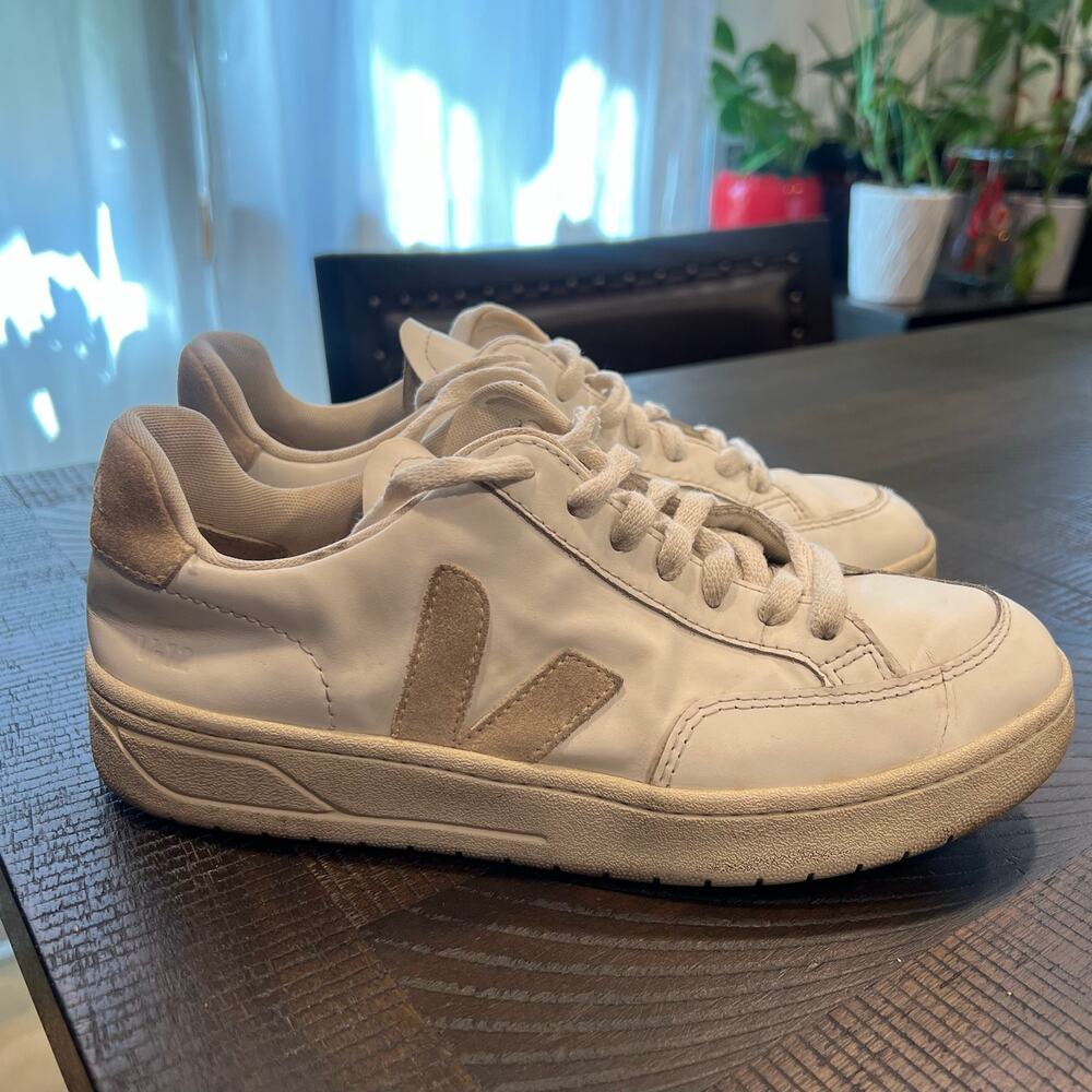 Veja V-12 Leather Sneakers in Extra-White/Sable 7 women